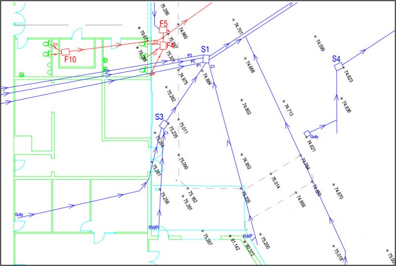 map of drainage pipes around building